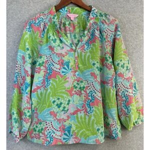 Lilly Pulitzer Elsa 100% Silk Top Sz 4 Checking In Coral Reef Long Sleeve Shirt